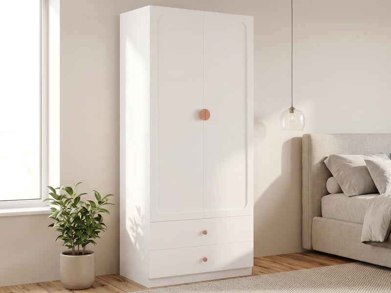  Armoire de chambre, 2 portes battantes, 2 tiroirs, 1 penderie, mdf, bois et acier, 90 × 45 × 200 cm, blanche  - Conforama B