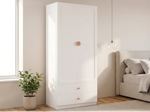 Armoire de chambre, 2 portes battantes, 2 tiroirs, 1 penderie, mdf, bois et acier, 90 × 45 × 200 cm, blanche