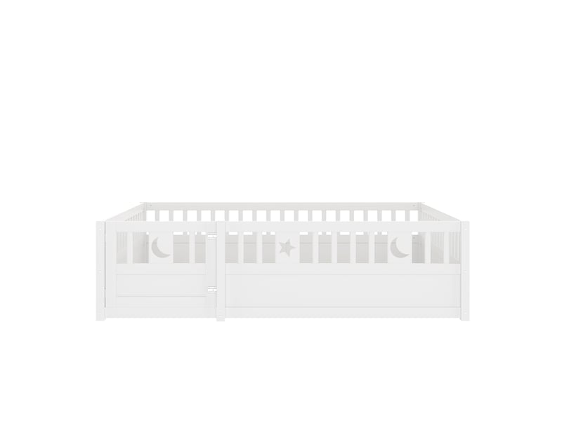  Lit enfant 140x190 cm blanc avec barrières, décor étoiles et lune, style minimaliste  - Conforama A