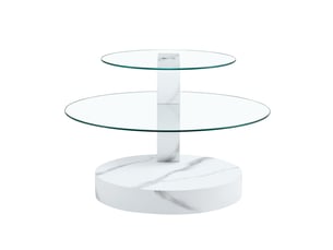Table basse à deux niveaux avec plateaux en verre de sécurité, rangement ouvert, style moderne effet marbre pour salon