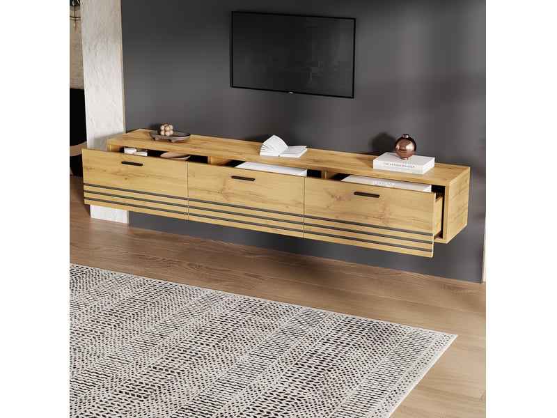  Meuble tv suspendu 160x30x25,5 cm à 3 tiroirs décor bois naturel  - Conforama E