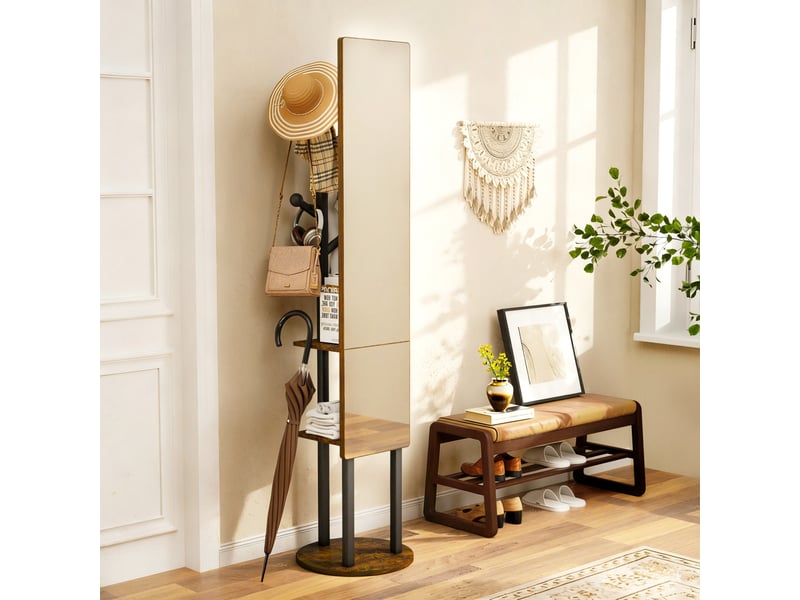  Miroir sur pied 40x174 cm pivotant 360°, porte-manteaux, meuble d'entrée et dressing, métal et panneaux, noir et marron  - Conforama B