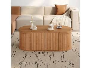 Table basse ovale 100x50x35 cm - rangements avec ouvertures relevables - mdf et panneaux de particules - bois naturel