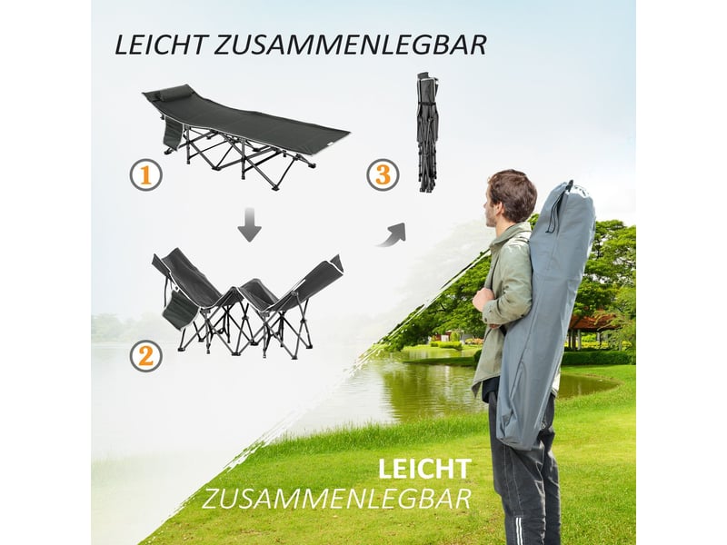  Bain de soleil 188 x 64 x 53 cm pliable coussin de tête poche latérale charge maximale 150 kg tissu oxford bleu foncé et gris  - Conforama D
