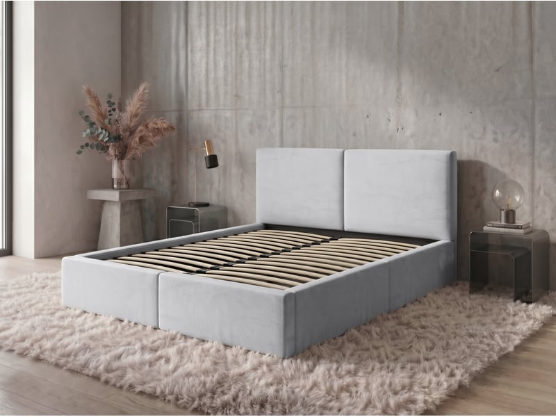  Lit coffre rembourré 160x200 2 places avec sommier relevable gratuit inclus et tête de lit - lit adulte avec rangement - cendré Hilton Interbeds - Conforama E