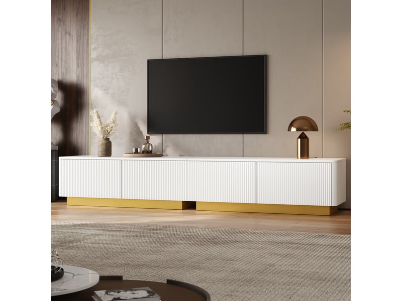  Meuble tv 200x40x35 cm avec 2 tiroirs et 2 portes coloris blanc  - Conforama B