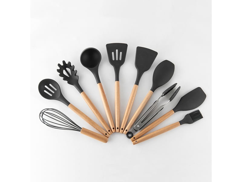  Ensemble de 9 ustensiles de cuisine en silicone avec manche en bois, comprenant un seau de rangement  - Conforama E
