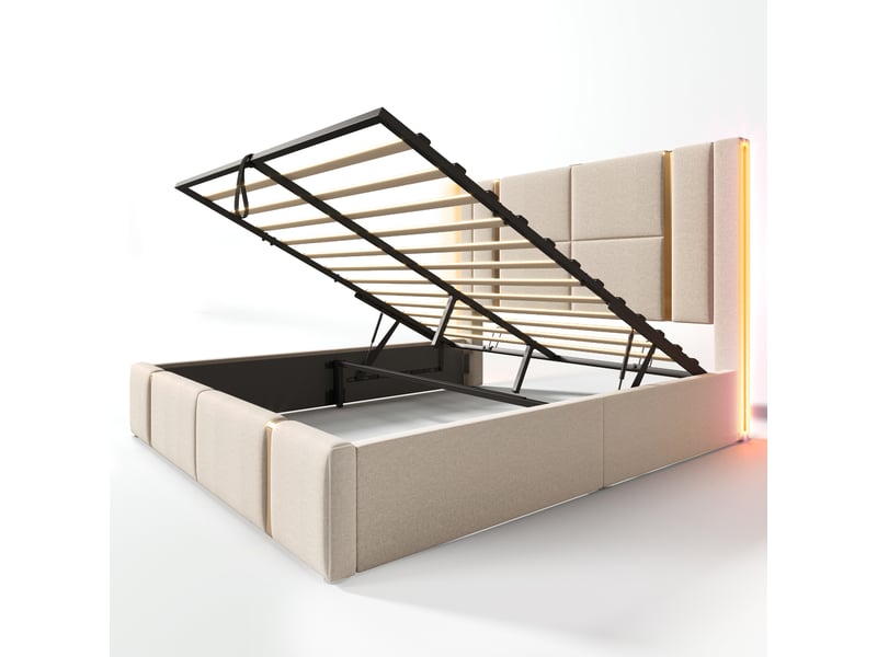 Lit coffre,160x200 cm,avec led et usb type c,tissu,beige - Conforama D