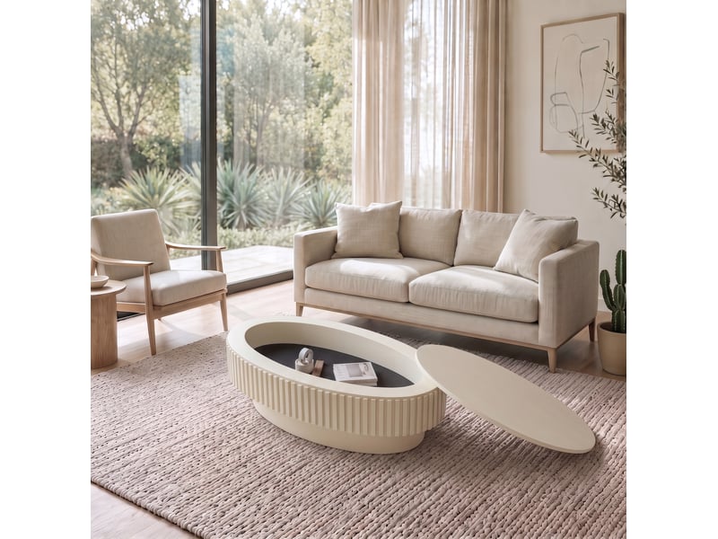  Table basse ovale 98x60x35 cm avec rangement caché mdf et bois crème  - Conforama B