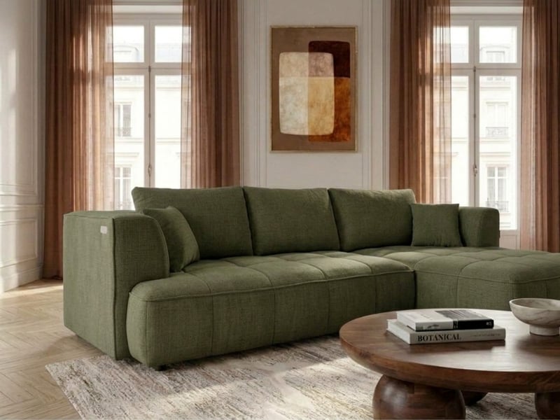 Bobochic canapé d'angle convertible avance-recule électrique clovis tissu lisse vert angle droit CLOVIS - Conforama D