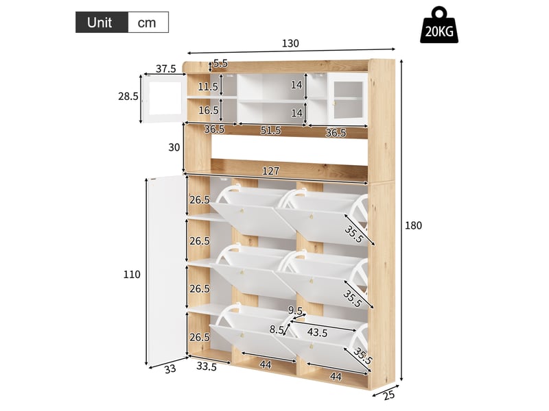 Armoire à chaussures ulevr à 6 abattants, éclairage led réglable par application, 130 x 25 x 180 cm, verre, blanc et naturel - Conforama C