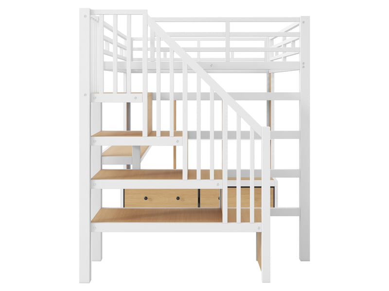  Lit mezzanine 140x200 cm blanc, avec bureau, rangements, 2 tiroirs, escalier de rangement, led, structure métal, sommier inclus, sans matelas  - Conforama E