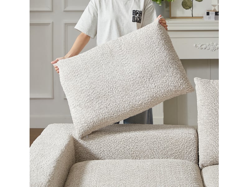 Canapé d'angle modulable compressé 3 places, méridienne réversible, en chenille beige - Conforama E