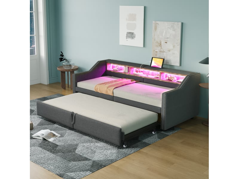  Lit enfant gigogne 90 x 200 cm, rangements latéraux led+usb, sommier lattes, tissu lin, gris foncé sans matelas  - Conforama B