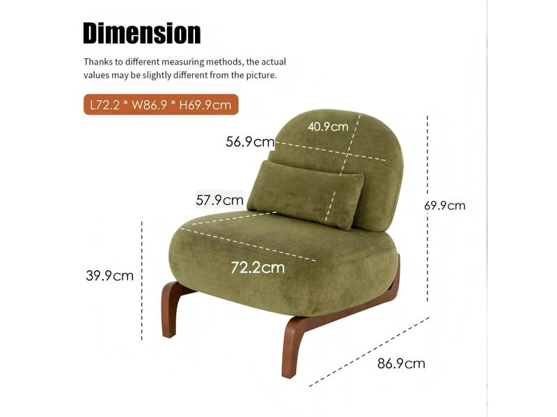  Fauteuil d'accent 72.2x86.9x69.9cm – chaise de salon sans accoudoirs avec coussin moelleux et oreiller lombaire – tissu de chenille - vert  - Conforama C