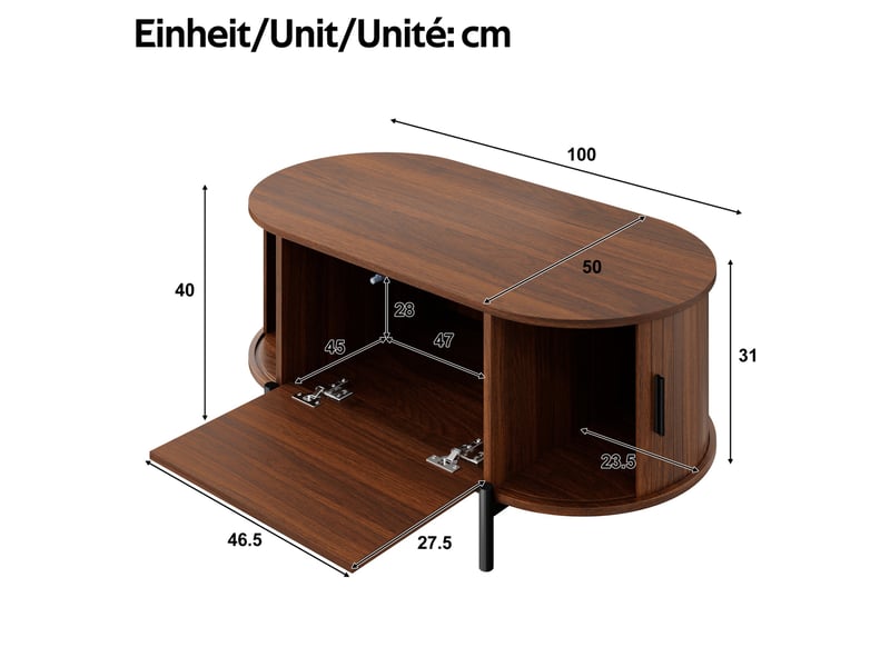  Table basse ovale avec 3 portes coulissantes et rangement en rotin, pieds métal, pour salon, 100 × 50 × 40 cm  - Conforama D