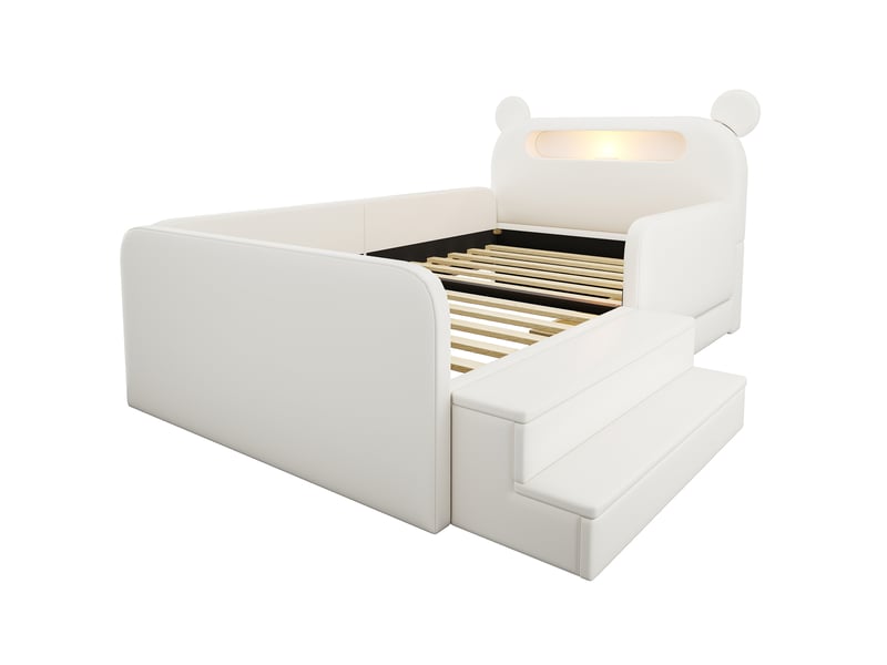  Lit simple enfant 90x200 cm – blanc – tête de lit ours, veilleuse led, port usb et rangements intégrés  - Conforama D