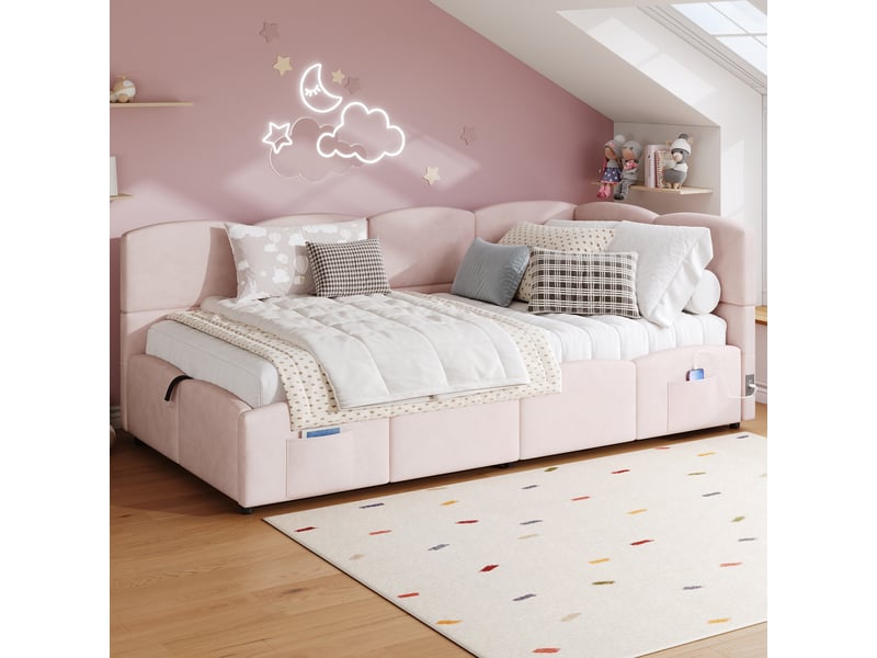  Lit coffre rembourré 90x200cm coloris rose velours lit enfant rose - Conforama D