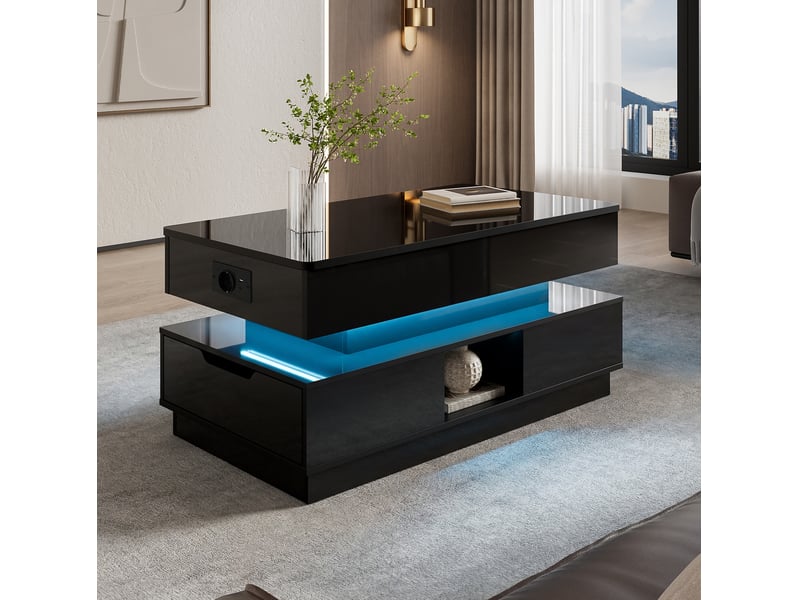  Table basse relevable 90x48x42,5 cm avec led, prise, plateau extensible, tiroirs, meuble salon, pour salon, mdf, noir  - Conforama D