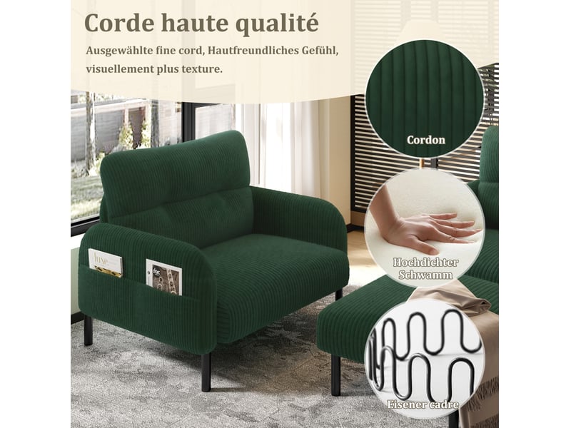  Ensemble canapé, fauteuil et pouf modenvie 4 places en velours côtelé vert émeraude  - Conforama E