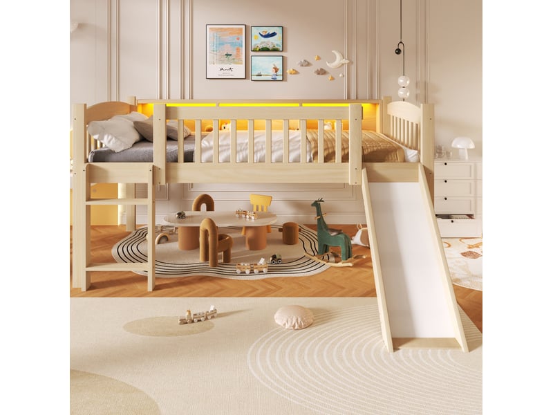  Lit surélevé enfant 90x200 cm avec toboggan, rangements et led coloris naturel  - Conforama E