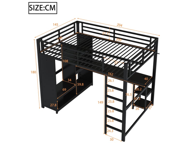  Lit mezzanine 140 x 200 cm, lit enfant avec bureau, avec armoire, avec led, noir, métal et mdf IKSETERA TRADING LTD - Conforama C