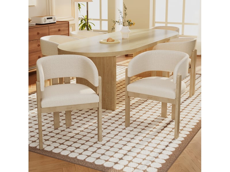 Chaise de salle à manger lot de 4 avec accoudoirs et assise rembourrée, structure en bois et tissu bouclé naturel - Conforama B
