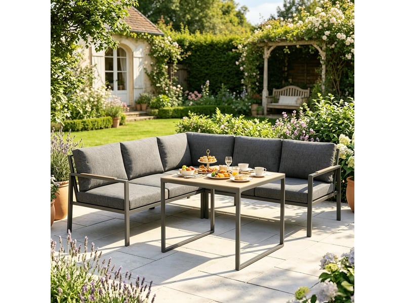  Salon de jardin,183x183x72 cm,5 places avec table basse,métal,gris foncé  - Conforama B