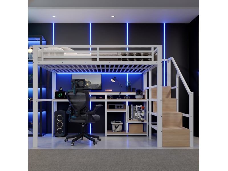  Lit mezzanine 140x200 cm avec rangement, led et usb-c blanc  - Conforama B