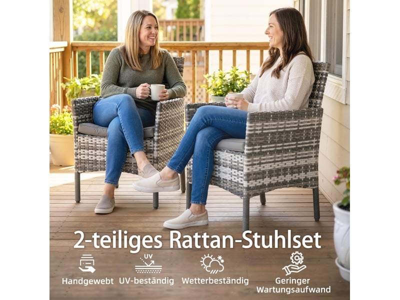  Lot de 2 chaises de jardin en polyrattan gris avec kessons amovibles et cadre en acier  - Conforama C