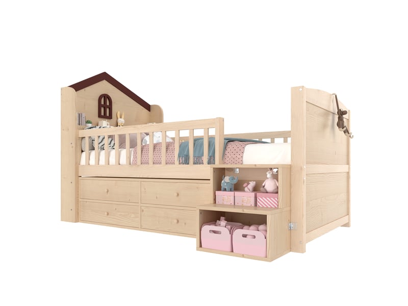 Lit surélevé forme maison avec 4 tiroirs, led et escalier rangement, naturel, 90x200 cm  - Conforama D