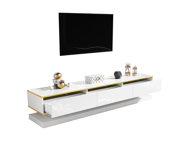  Meuble tv 200 cm blanc brillant, meuble bas avec 3 tiroirs et étagères, 200x40x40 cm, panneau de particules, blanc chaud et or.  - Conforama D