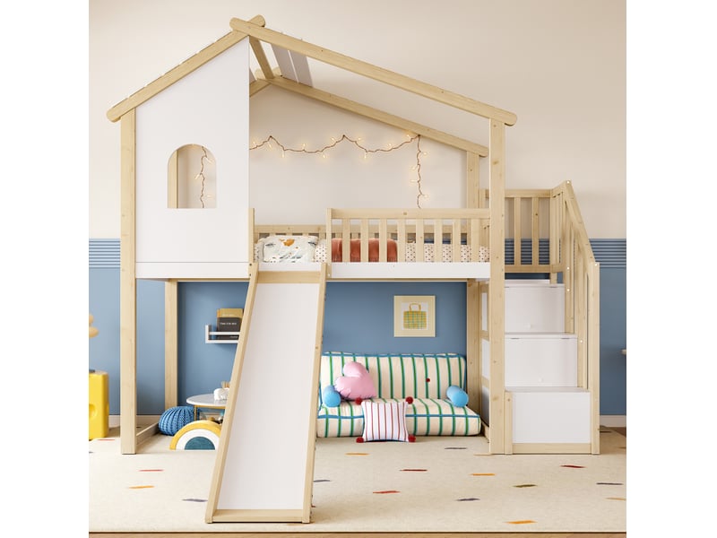  Lit mezzanine enfant 90x200 cm avec toboggan et rangement naturel et blanc  - Conforama E