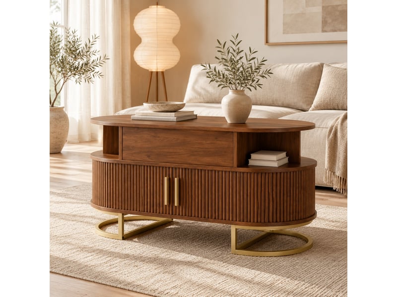  Table basse ovale avec plateau relevable, rangement, portes coulissantes, mdf, noyer  - Conforama B