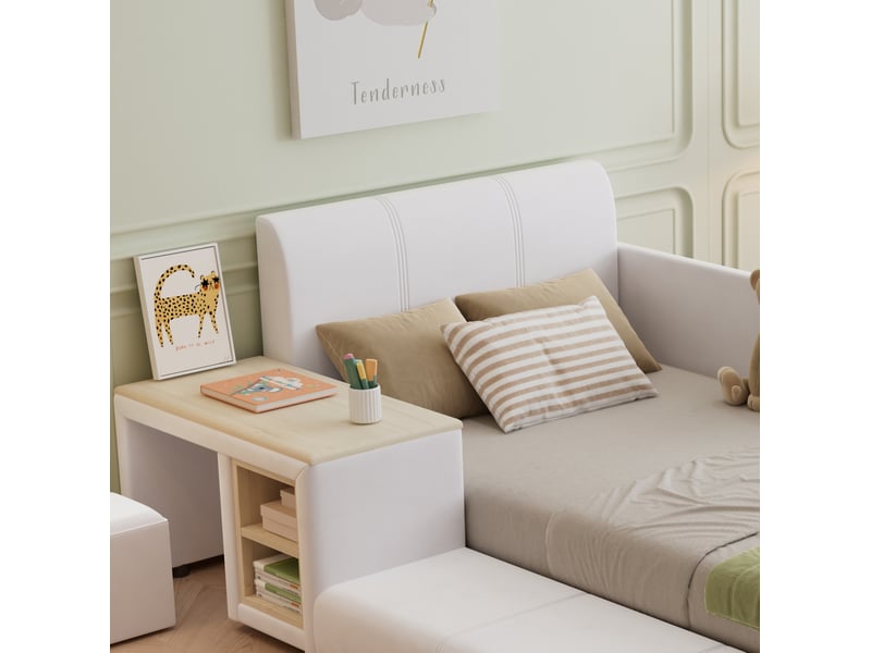  Lit enfant 90x200 cm, lit simple avec bureau intégré, tabouret et rangement, tête de lit en velours blanc, sans matelas  - Conforama D