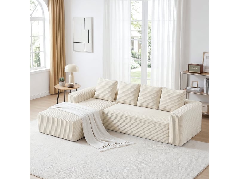 Canapé modulable 4 places en l, canapé nuage sans montage, assise profonde, méridienne réversible, velours côtelé beige, 261 x 168 x 58 cm - Conforama B