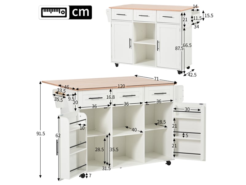  Desserte de cuisine 139x46(71)x91,5 cm blanche, plateau pliant, 3 tiroirs et rangement sur roulettes  - Conforama C