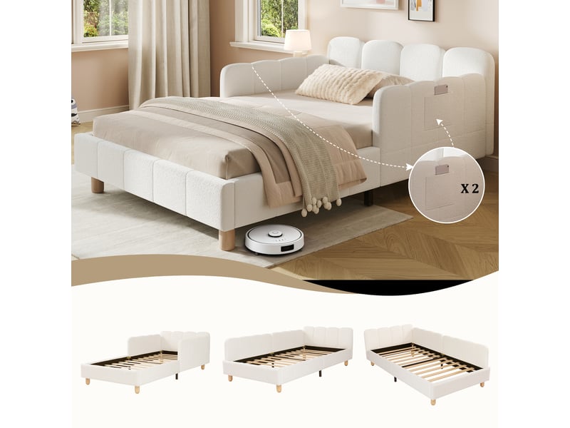Lit enfant 90x200 cm, lit simple, tête de lit, barrière, poches, meuble de chambre, tissu bouclé, beige, sans matelas  - Conforama D