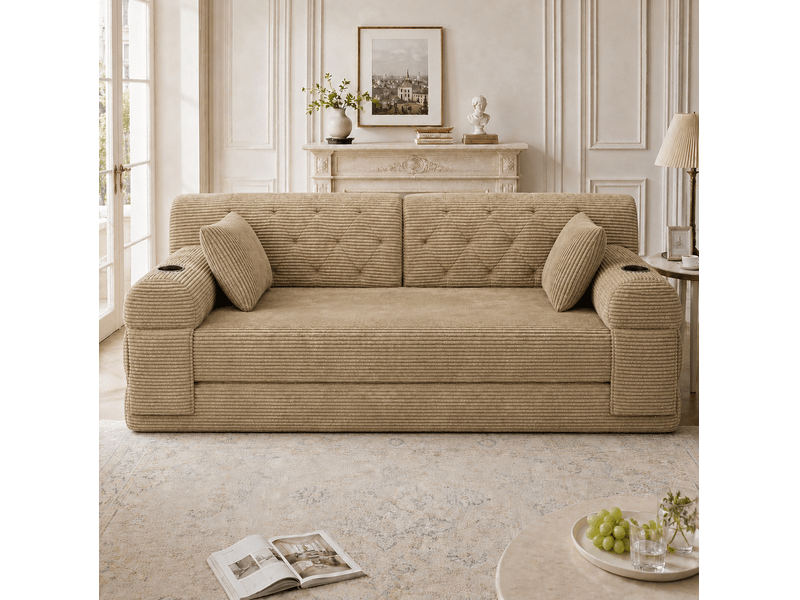  Canapé convertible 2 places 168.00×80.00×81.00 cm en velours côtelé avec 4 poches latérales et 2 porte-gobelets kaki chicfurn  - Conforama C