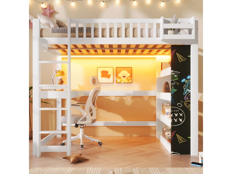  Lit surélevé 140 x 200 cm blanc, tableau noir, bureau, étagère, rangements, led, structure pin et mdf, sans matelas  - Conforama C