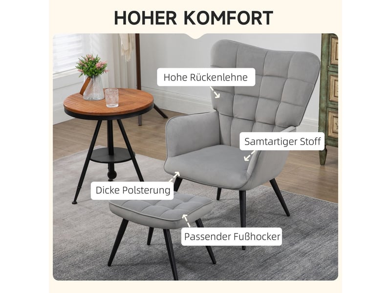 Chaise repas repose-pieds fauteuil rembourré aspect velours gris clair capacité 120 kg  - Conforama E