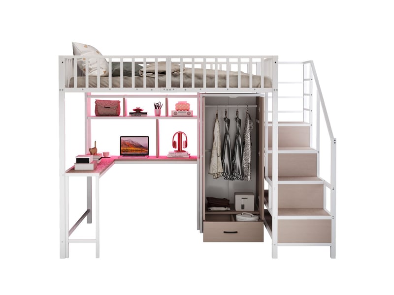  Lit mezzanine avec bureau 140x200cm métal blanc avec armoire - lit mezzanine - escalier de rangement, éclairage led, prises usb  - Conforama A