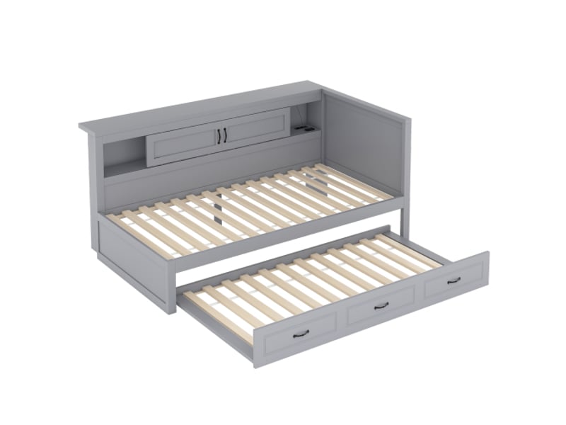  Lit enfant 90x200 cm, lit gigogne et rangement latéral, led et ports usb et type-c, en bois, gris, sans matelas  - Conforama E