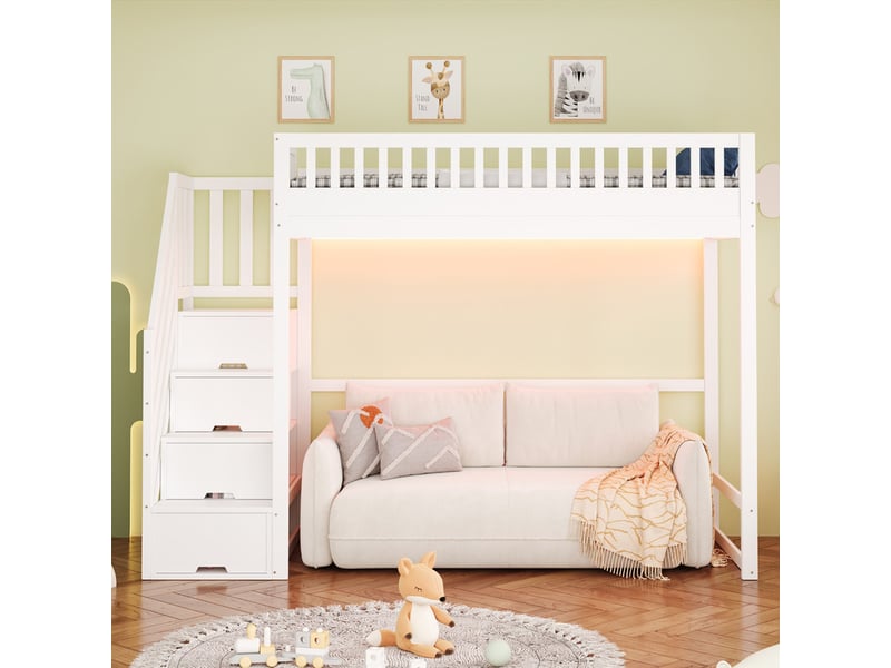 Lit mezzanine 90 x 200 cm - avec échelle de sécurité - avec barrières de sécurité - avec éclairage led - blanc (matelas non inclus)  - Conforama B