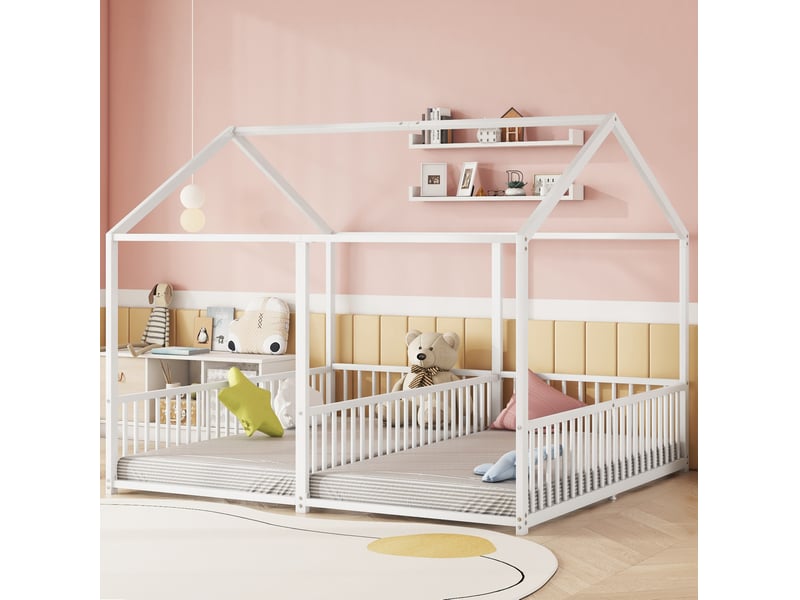  Lit enfant double 2 x 90 x 200 cm en métal blanc, forme maison avec barrières  - Conforama D