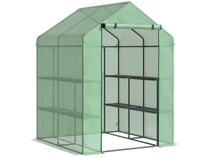 Serre jardin extérieure 2 niveaux, 4 étagères, porte enroulable, acierpe 140 gm², plantespots, 143x138x190 cm, verte.