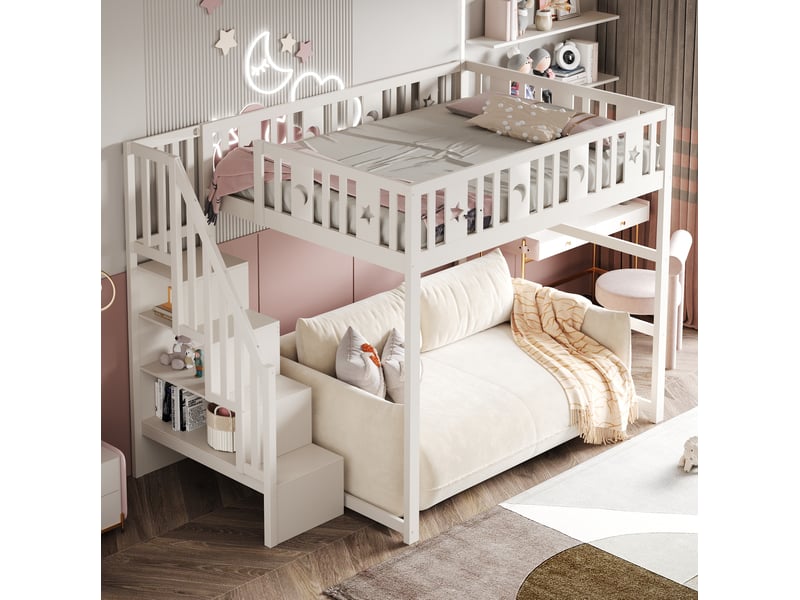  Lit mezzanine enfant 140 x 200 cm avec escalier, étagères, étoiles et lune, blanc  - Conforama D