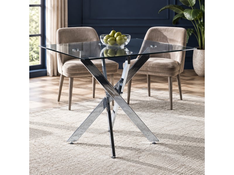  Table de salle à manger à plateau en verre et pieds en métal argenté  - Conforama D