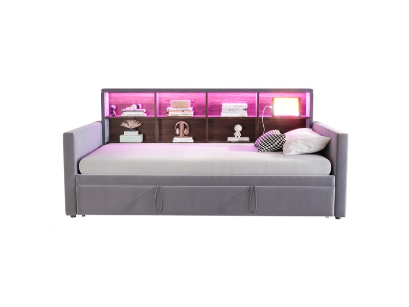  Lit gigogne 90x190 cm avec éclairage led et prises en velours  - Conforama A