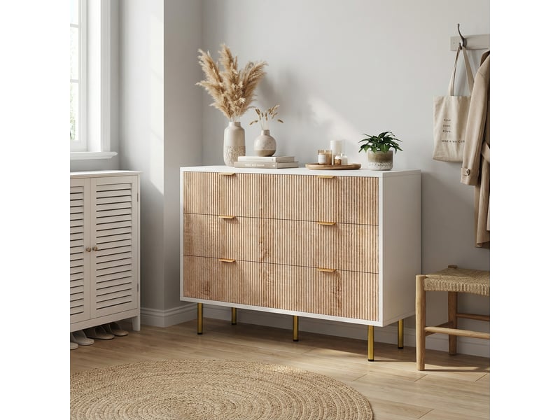  Commode 6 tiroirs, commode chambre 100 cm, design strié bois et blanc, pieds dorés, meuble de rangement, pour chambre, salon, chêne clair  - Conforama B